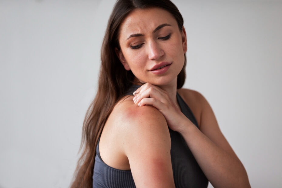 Femme avec réaction cutanée épaule et bras droit